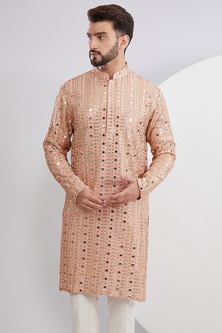 Peach Georgette Embroidered Kurta Set by Kasbah Clothing at Pernia's Pop Up Shop