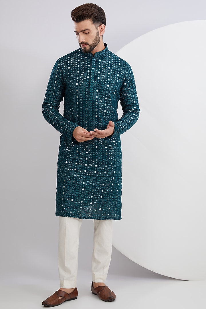 Teal Georgette Embroidered Kurta Set by Kasbah Clothing at Pernia's Pop Up Shop