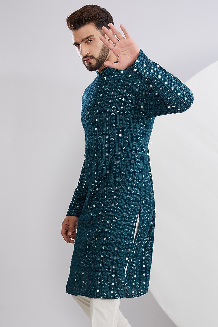 Teal Georgette Embroidered Kurta Set by Kasbah Clothing at Pernia's Pop Up Shop