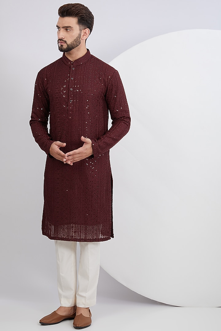 Maroon Georgette Embroidered Kurta Set by Kasbah Clothing at Pernia's Pop Up Shop