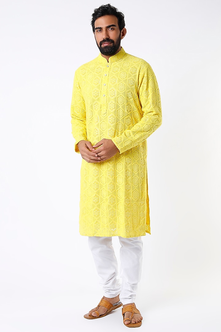 Yellow Chikankari Kurta by Kasbah Clothing at Pernia's Pop Up Shop