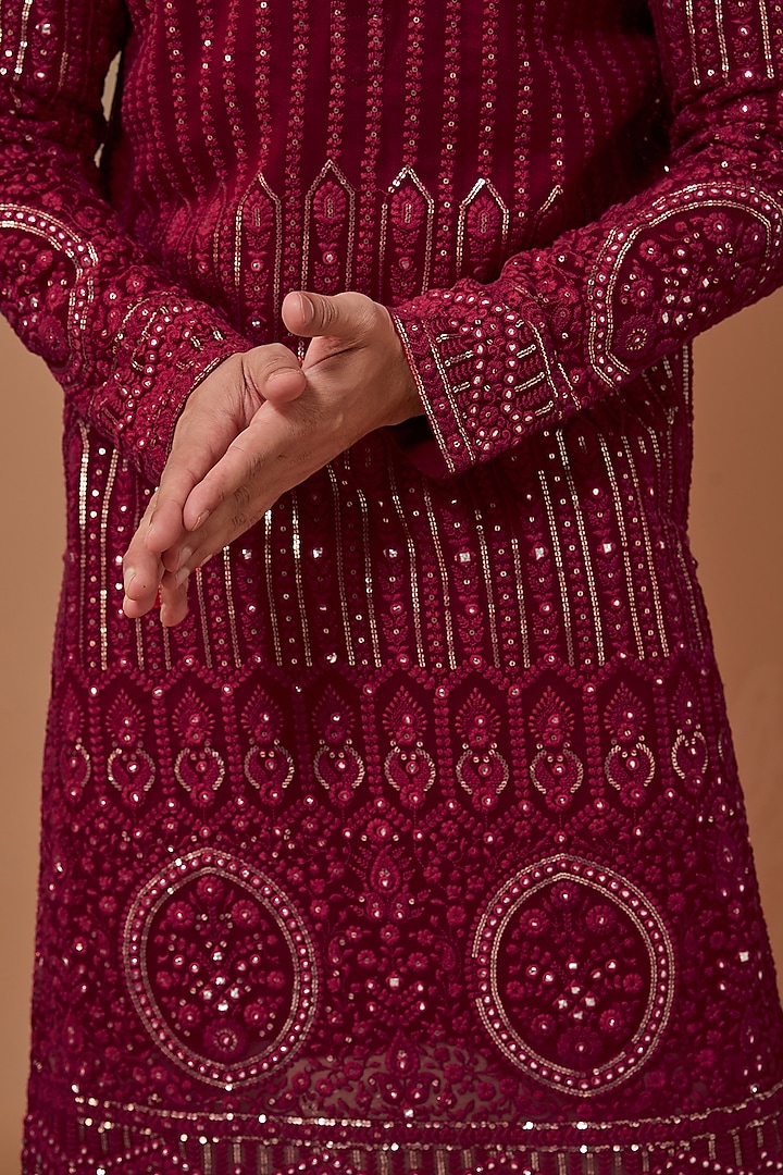 Red Georgette Embroidered Kurta Set by Kasbah Clothing at Pernia's Pop Up Shop