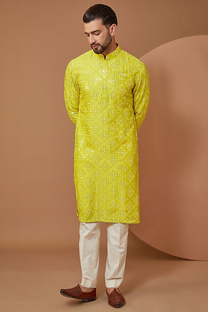 Bright Yellow Silk Mirror Embroidered Kurta Set by Kasbah Clothing