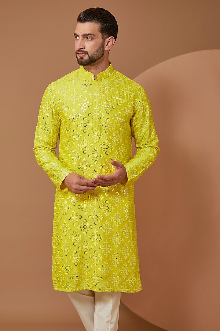 Bright Yellow Silk Mirror Embroidered Kurta Set by Kasbah Clothing at Pernia's Pop Up Shop