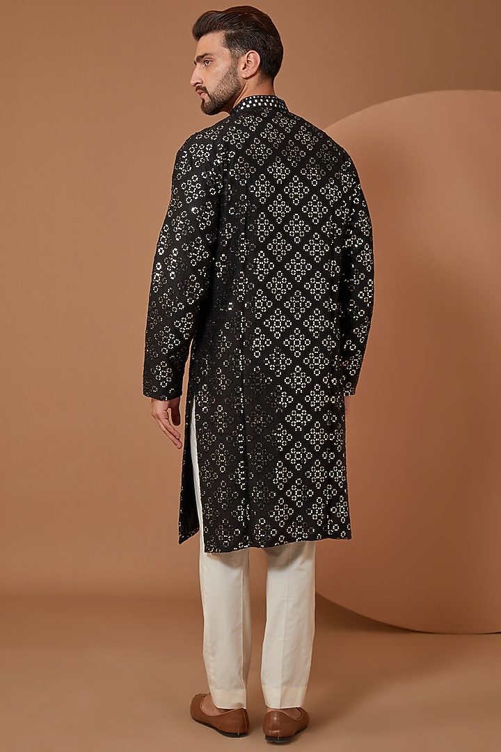 Black Silk Mirror Embroidered Kurta Set by Kasbah Clothing at Pernia's Pop Up Shop