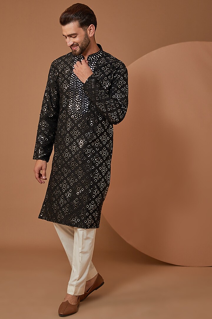 Black Silk Mirror Embroidered Kurta Set by Kasbah Clothing at Pernia's Pop Up Shop