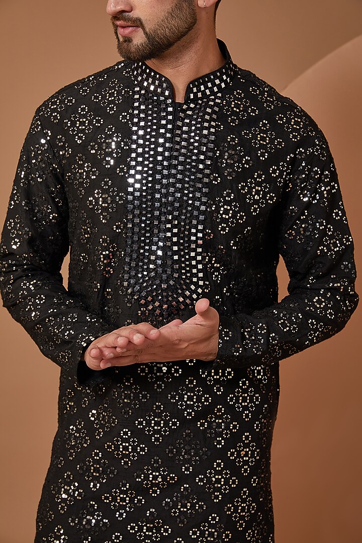 Black Silk Mirror Embroidered Kurta Set by Kasbah Clothing at Pernia's Pop Up Shop