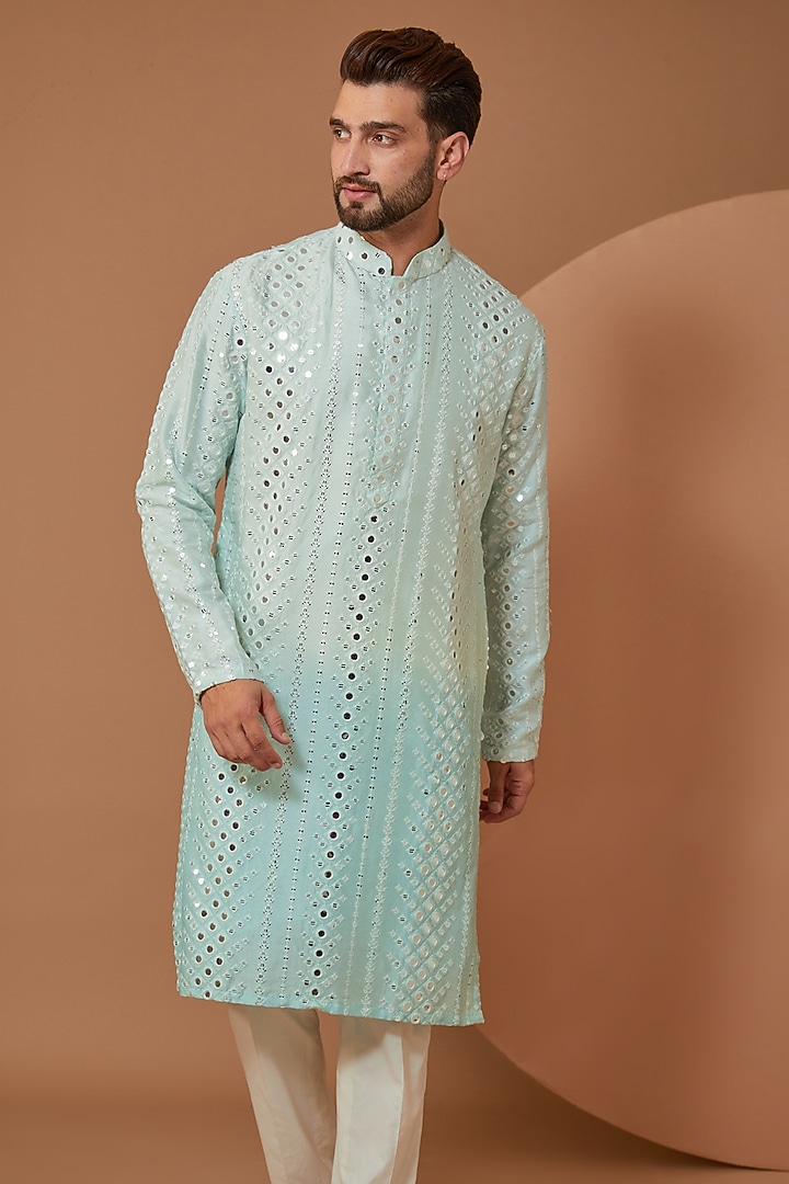 Sky Blue Ombre Silk Mirror Embroidered Kurta Set by Kasbah Clothing at Pernia's Pop Up Shop