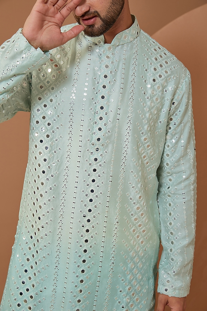 Sky Blue Ombre Silk Mirror Embroidered Kurta Set by Kasbah Clothing at Pernia's Pop Up Shop