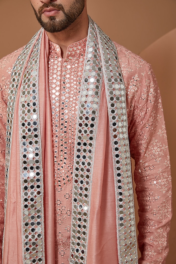 Peach Silk Mirror Embroidered Kurta Set by Kasbah Clothing at Pernia's Pop Up Shop