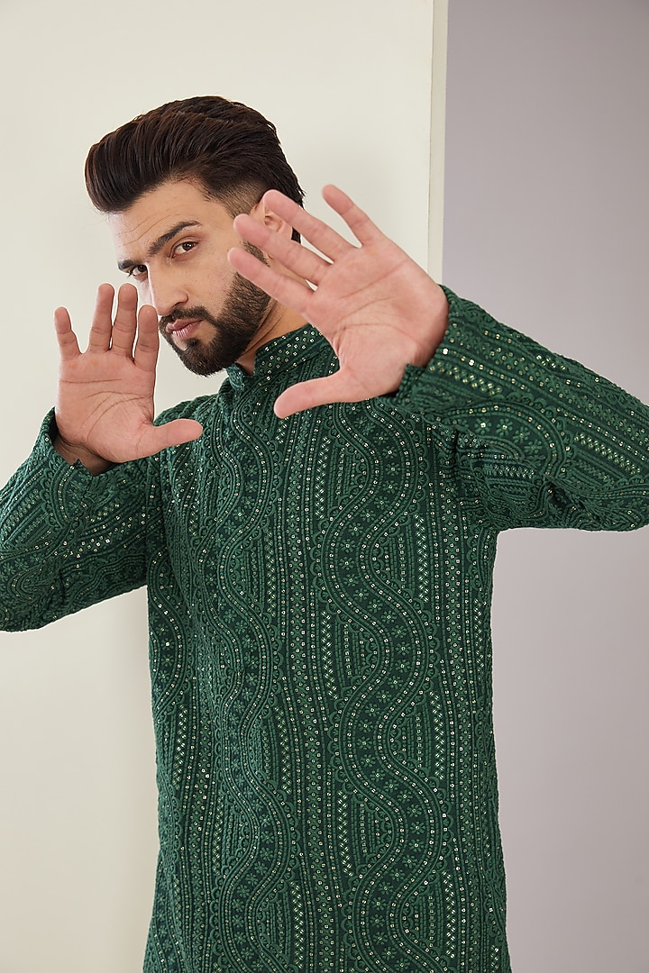 Bottle Green Silk Chikankari Kurta Set by Kasbah Clothing at Pernia's Pop Up Shop