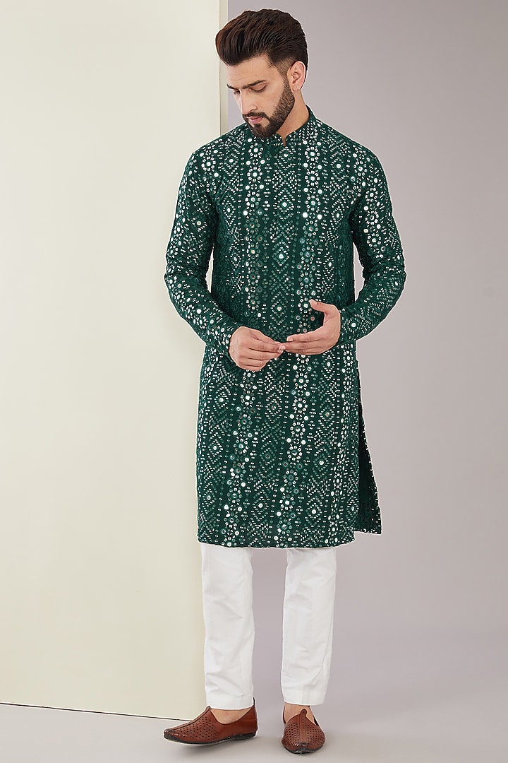 Bottle Green Silk Mirror & Thread Work Kurta Set by Kasbah Clothing at Pernia's Pop Up Shop