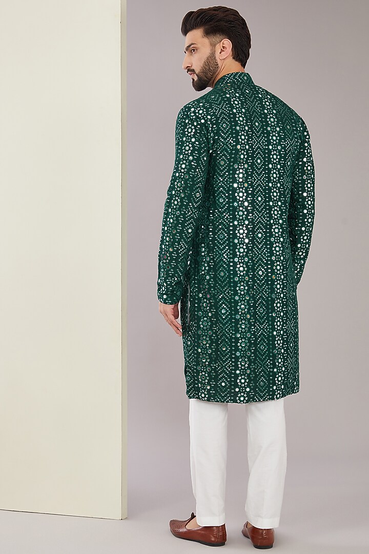 Bottle Green Silk Mirror & Thread Work Kurta Set by Kasbah Clothing at Pernia's Pop Up Shop