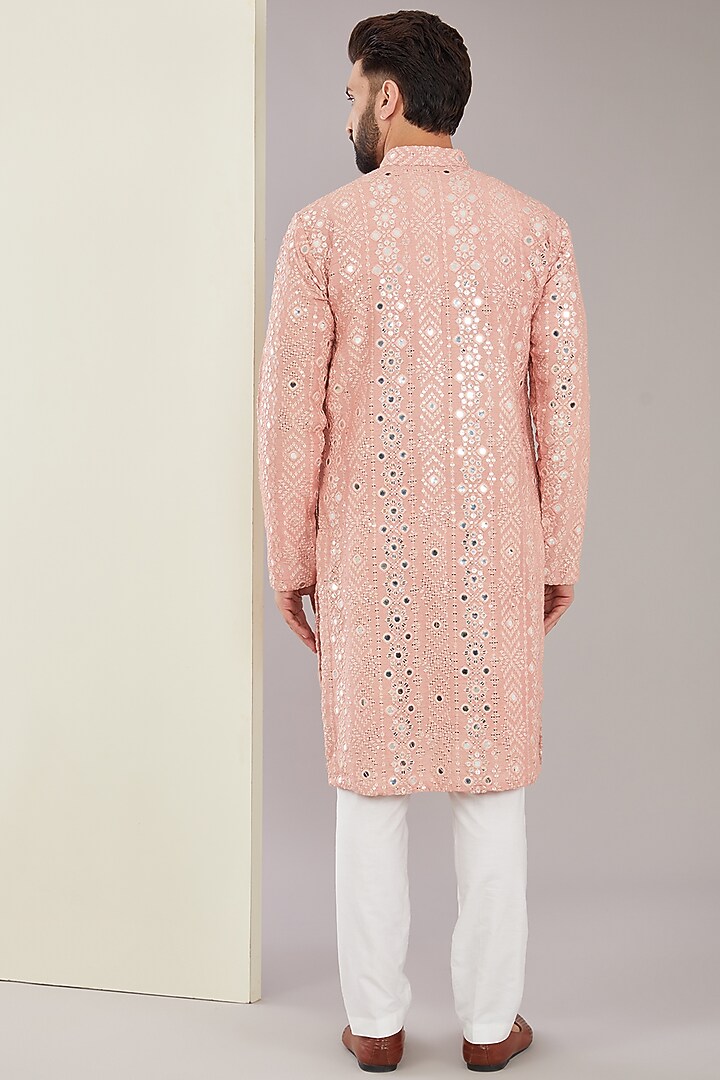Peach Silk Mirror & Thread Work Kurta Set by Kasbah Clothing at Pernia's Pop Up Shop