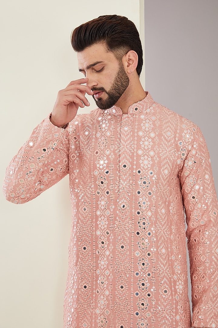 Peach Silk Mirror & Thread Work Kurta Set by Kasbah Clothing at Pernia's Pop Up Shop