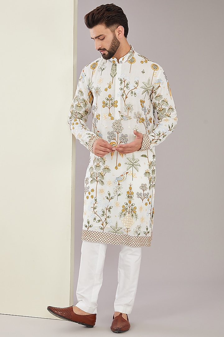White Georgette Floral Motif Embroidered Kurta Set by Kasbah Clothing at Pernia's Pop Up Shop