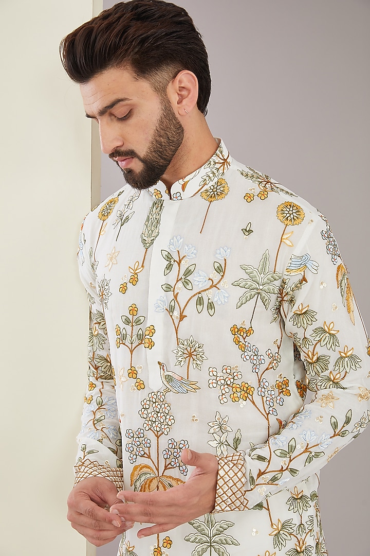 White Georgette Floral Motif Embroidered Kurta Set by Kasbah Clothing at Pernia's Pop Up Shop