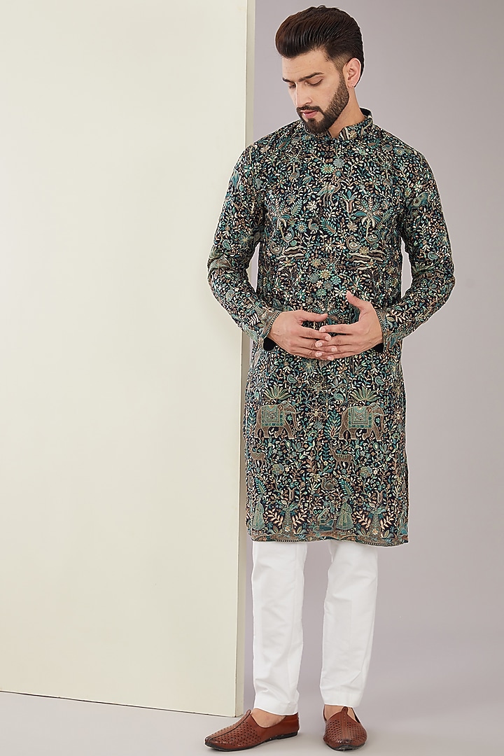 Black Georgette Thread Work Kurta Set by Kasbah Clothing at Pernia's Pop Up Shop