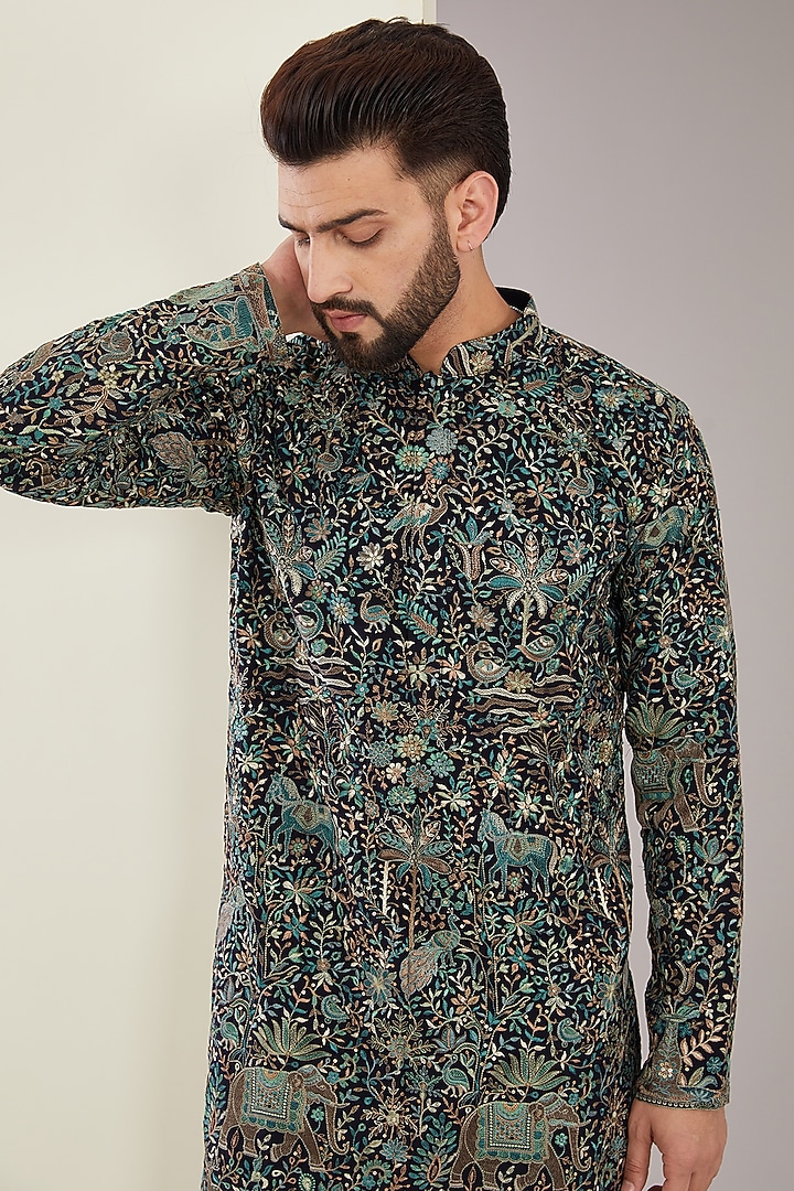 Black Georgette Thread Work Kurta Set by Kasbah Clothing at Pernia's Pop Up Shop