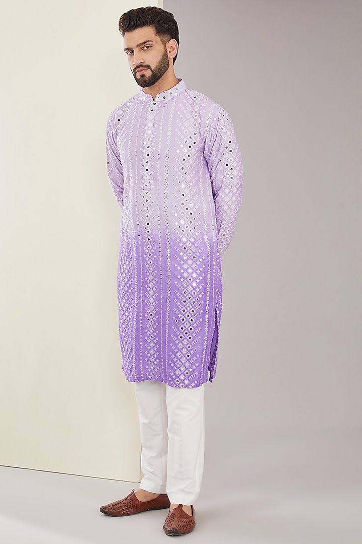 Purple Ombre Silk Mirror & Thread Work Kurta Set by Kasbah Clothing