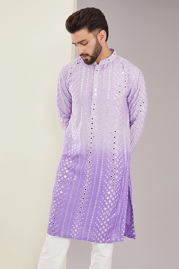 Purple Ombre Silk Mirror & Thread Work Kurta Set by Kasbah Clothing at Pernia's Pop Up Shop