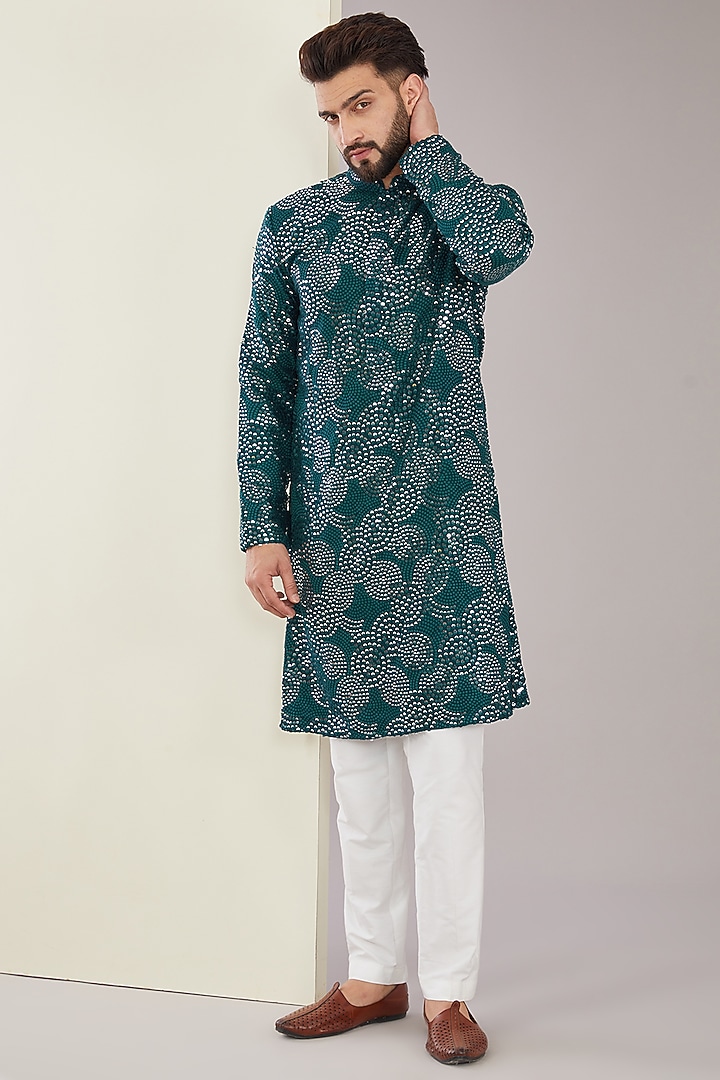 Teal Silk Sequins Work Kurta Set by Kasbah Clothing at Pernia's Pop Up Shop