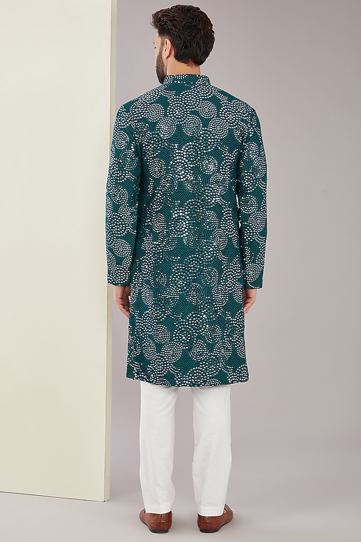 Teal Silk Sequins Work Kurta Set by Kasbah Clothing at Pernia's Pop Up Shop