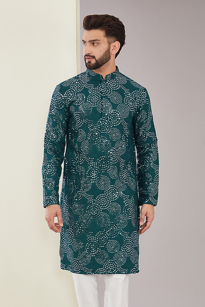 Teal Silk Sequins Work Kurta Set by Kasbah Clothing at Pernia's Pop Up Shop