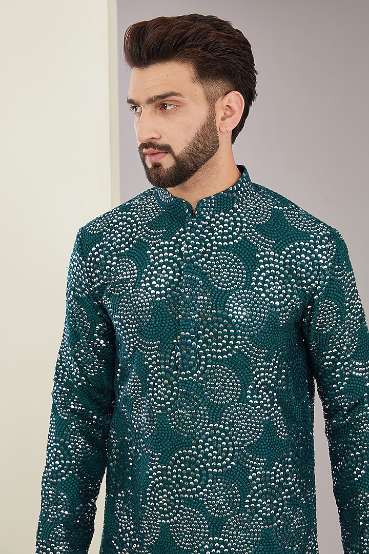 Teal Silk Sequins Work Kurta Set by Kasbah Clothing at Pernia's Pop Up Shop