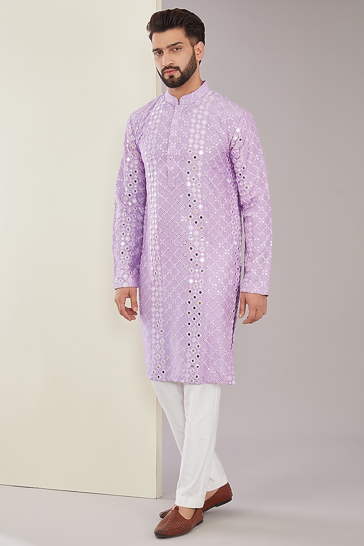 Lilac Silk Mirror & Sequins Work Kurta Set by Kasbah Clothing at Pernia's Pop Up Shop