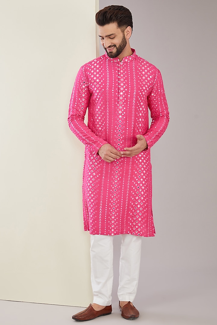 Hot Pink Silk Mirror & Sequins Work Kurta Set by Kasbah Clothing