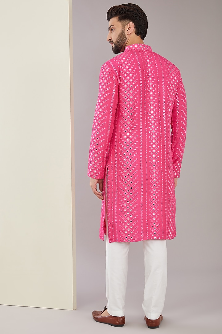 Hot Pink Silk Mirror & Sequins Work Kurta Set by Kasbah Clothing at Pernia's Pop Up Shop