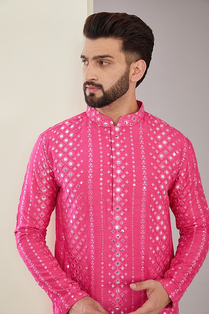 Hot Pink Silk Mirror & Sequins Work Kurta Set by Kasbah Clothing at Pernia's Pop Up Shop