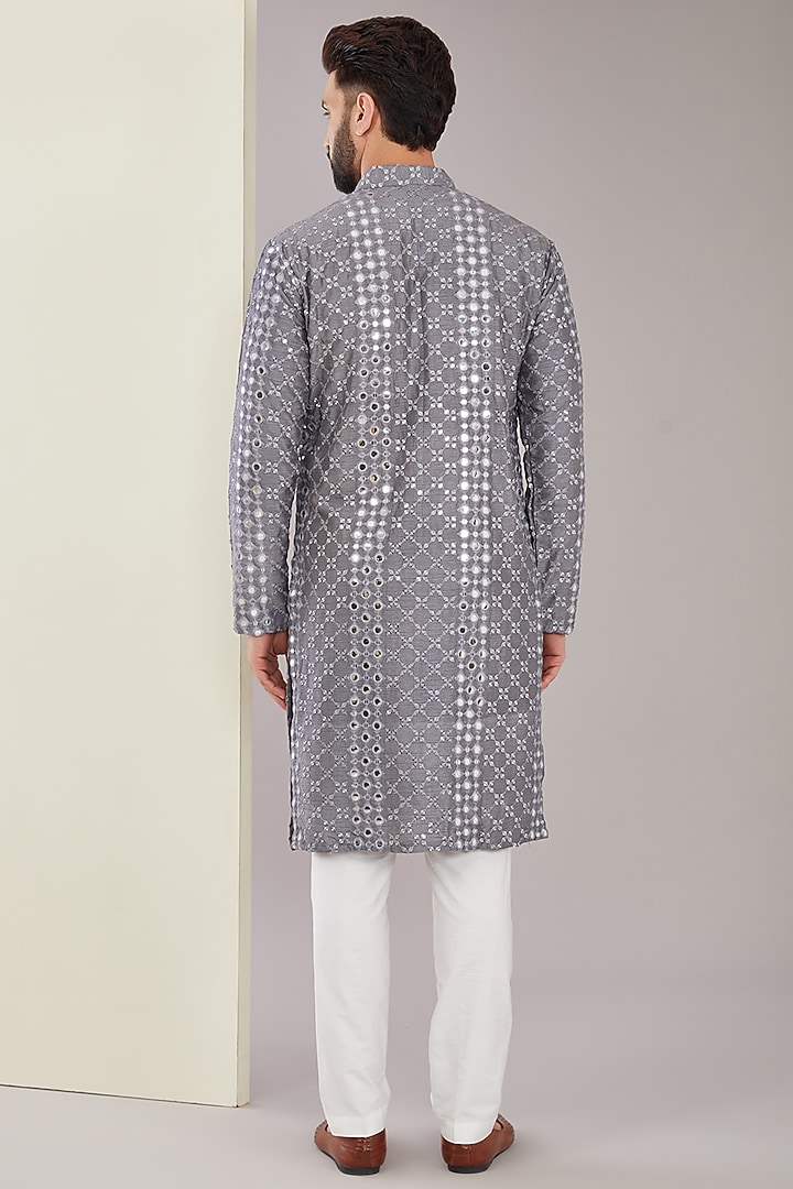 Metallic Grey Silk Mirror & Sequins Work Kurta Set by Kasbah Clothing at Pernia's Pop Up Shop