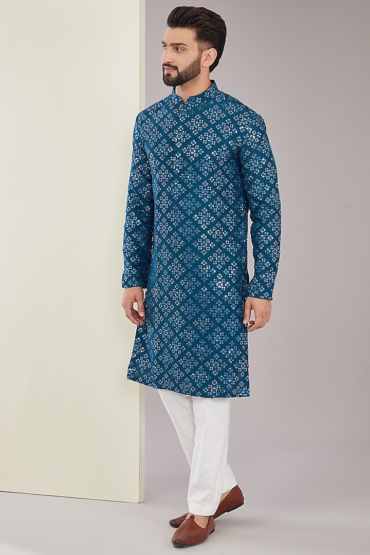 Royal Blue Silk Mirror & Sequins Work Kurta Set by Kasbah Clothing