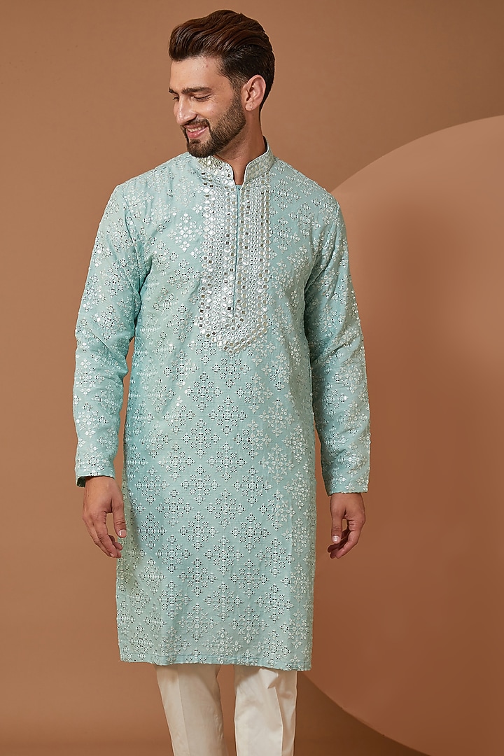 Ice Blue Silk Hand Embroidered Kurta Set by Kasbah Clothing at Pernia's Pop Up Shop