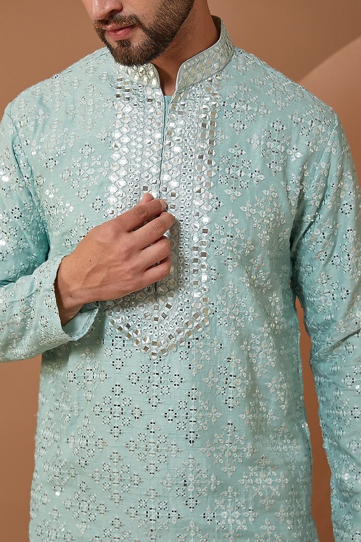 Ice Blue Silk Hand Embroidered Kurta Set by Kasbah Clothing at Pernia's Pop Up Shop