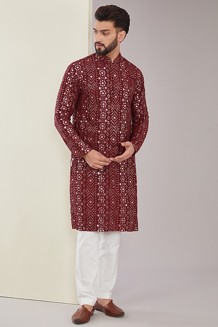 Maroon Silk Mirror & Sequins Embroidered Kurta Set by Kasbah Clothing at Pernia's Pop Up Shop