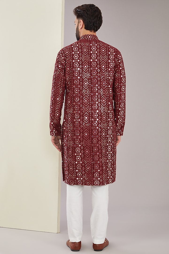 Maroon Silk Mirror & Sequins Embroidered Kurta Set by Kasbah Clothing at Pernia's Pop Up Shop