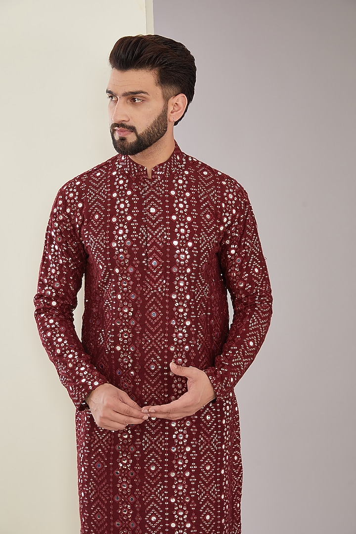 Maroon Silk Mirror & Sequins Embroidered Kurta Set by Kasbah Clothing at Pernia's Pop Up Shop
