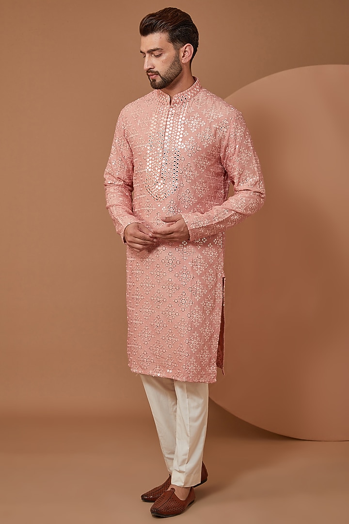 Peach Silk Mirror Embroidered Kurta Set by Kasbah Clothing at Pernia's Pop Up Shop
