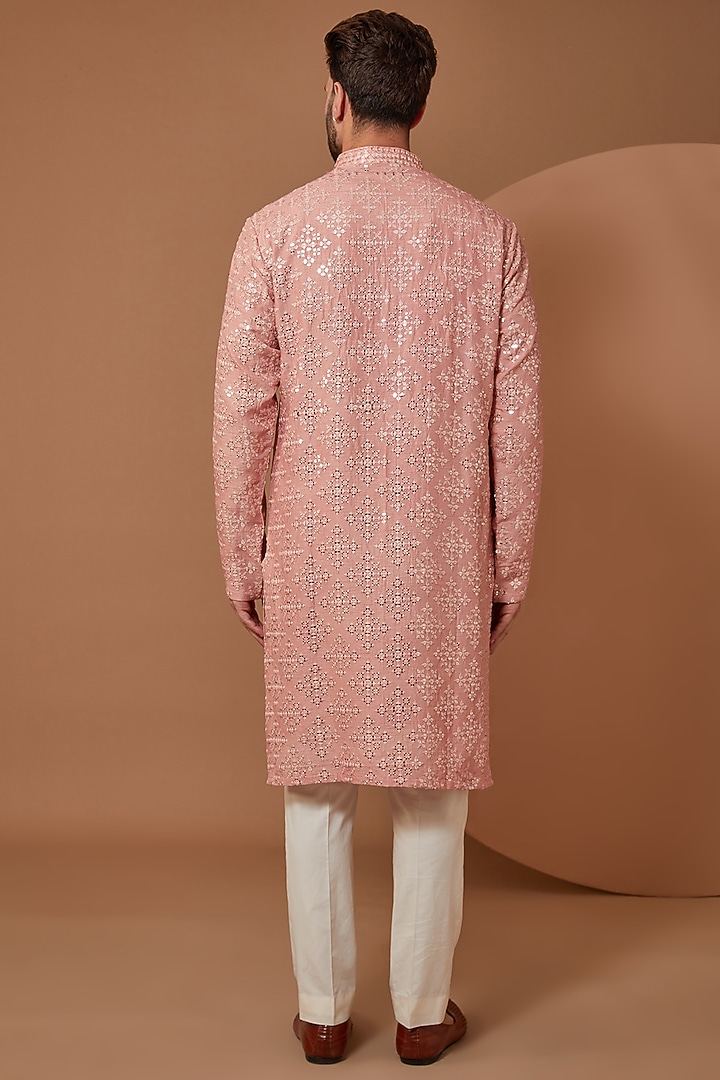 Peach Silk Mirror Embroidered Kurta Set by Kasbah Clothing at Pernia's Pop Up Shop
