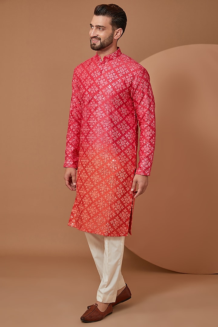 Hot Pink & Orange Ombre Silk Mirror Embroidered Kurta Set by Kasbah Clothing