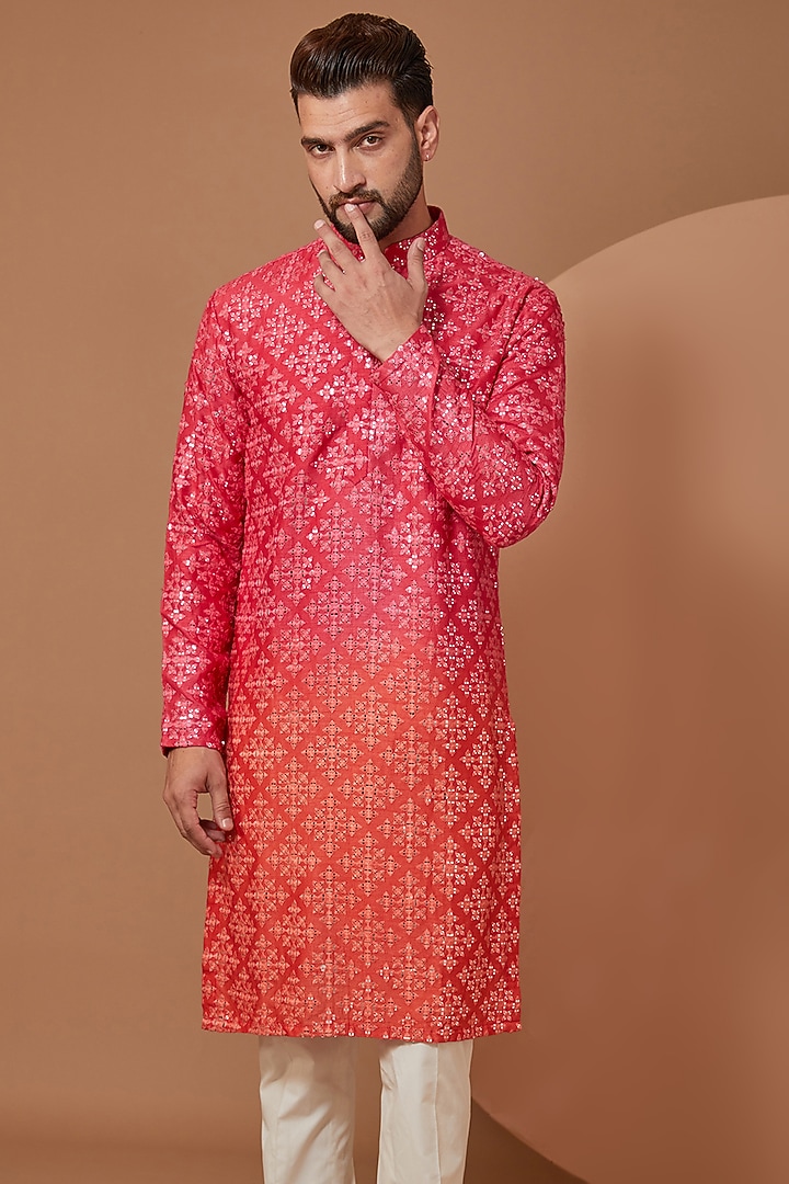 Hot Pink & Orange Ombre Silk Mirror Embroidered Kurta Set by Kasbah Clothing at Pernia's Pop Up Shop