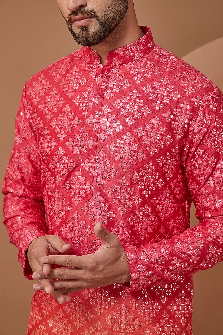 Hot Pink & Orange Ombre Silk Mirror Embroidered Kurta Set by Kasbah Clothing at Pernia's Pop Up Shop