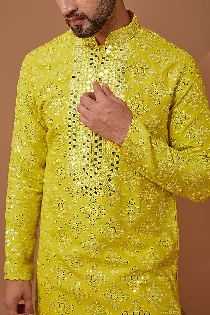 Bright Yellow Silk Mirror Embroidered Kurta Set by Kasbah Clothing at Pernia's Pop Up Shop