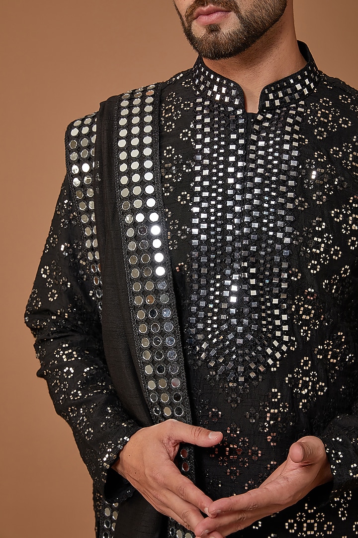 Black Silk Hand Embroidered Kurta Set by Kasbah Clothing at Pernia's Pop Up Shop