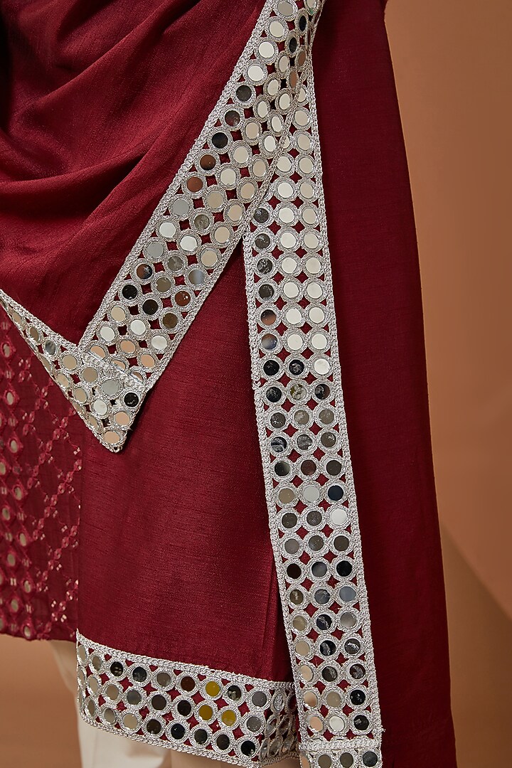Mud Wine Silk Mirror Embroidered Kurta Set by Kasbah Clothing at Pernia's Pop Up Shop