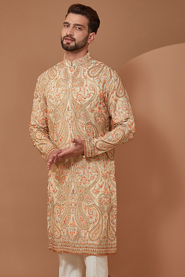 Ivory Cream Georgette Thread Embroidered Kurta Set by Kasbah Clothing at Pernia's Pop Up Shop
