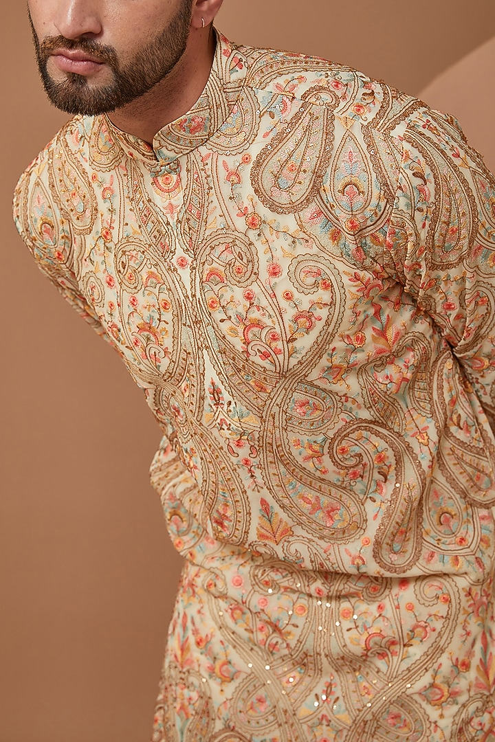 Ivory Cream Georgette Thread Embroidered Kurta Set by Kasbah Clothing at Pernia's Pop Up Shop
